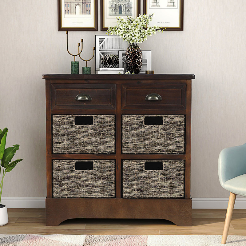 Armoire de rangement rustique avec deux tiroirs et quatre paniers en rotin classique, Espresso