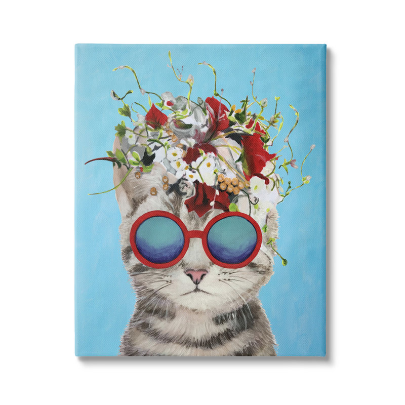 " Cute Fun Flowery Cat Wearing Sunglasses Bold Blue Background " by Coco De Paris, Wrapped Canvas, 16" W x 20" H