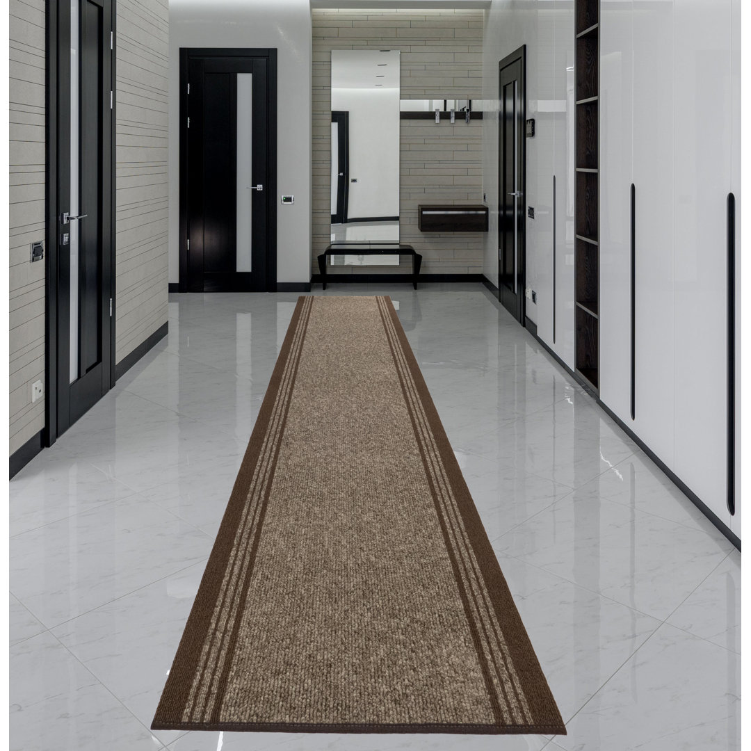 Custom Size Indoor / Outdoor Berber Style Beige Bordered Brown Low Pile Runner Rug Eider & Ivory™ Rug