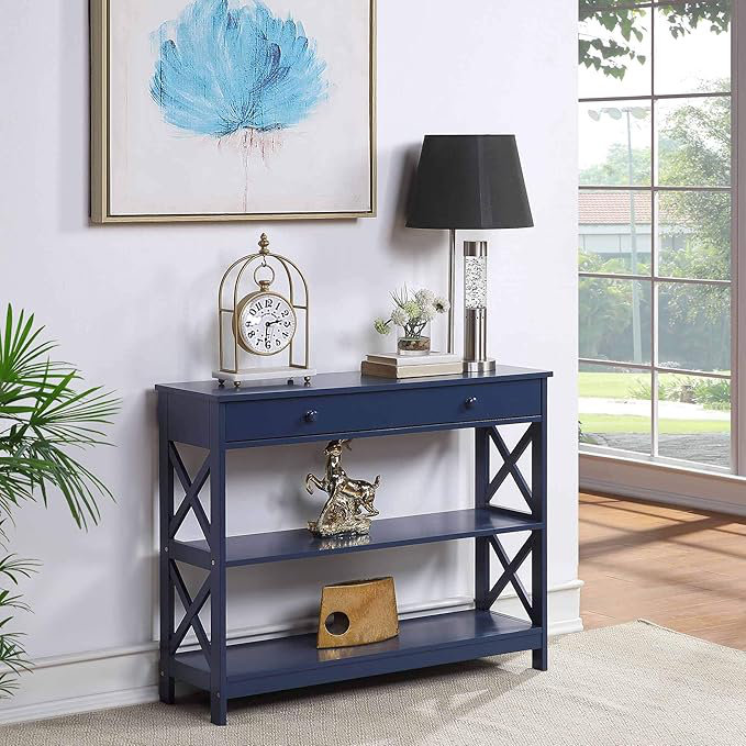 Console rectangulaire en MDF avec tiroirs; tablettes, H 31,50 po x l 12 po x P 39,50 po, Bleu / bleu