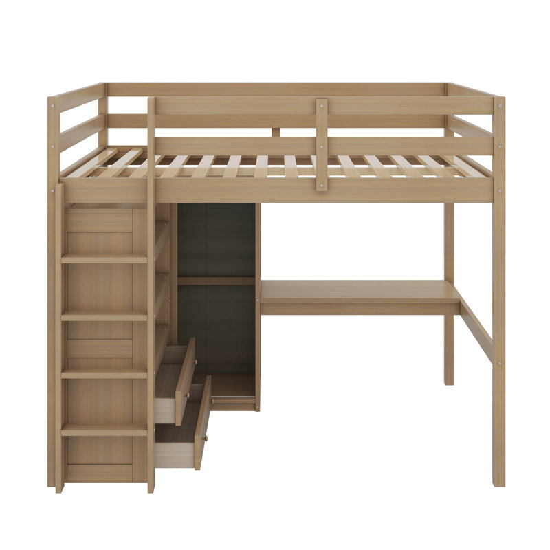 Lit mezzanine double avec bureau, garde-robe, tablettes et tiroirs, Noyer
