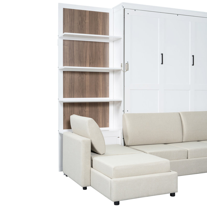 Grand lit blanc avec tablettes et rangement mural facile à installer