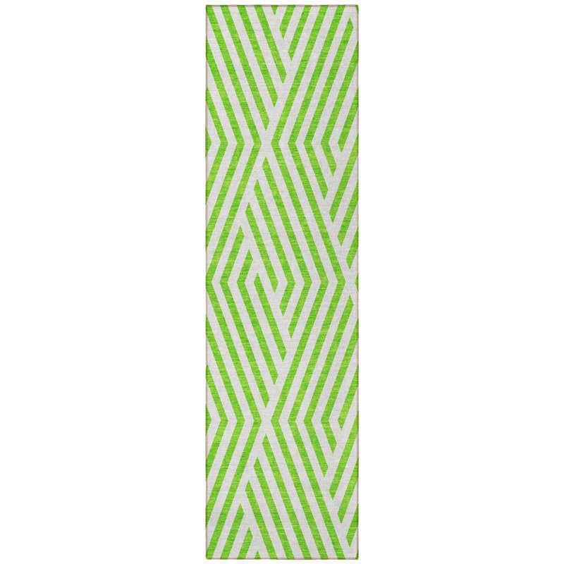 8' Runner Lime Green and White Geometric Washable Non Skid Indoor Outdoor Runner Rug