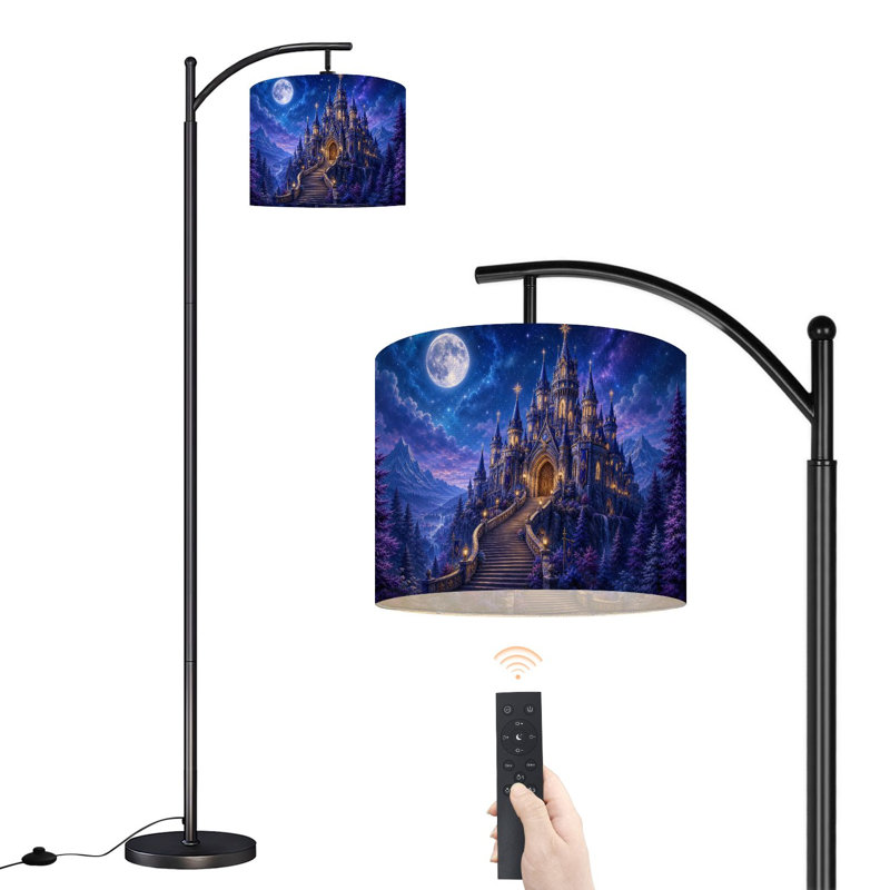  Lampe sur pied Arc Majestic Fantasy Castle Under Full Moon Glowing Turrets Skyry Star Tall Modern Lampadaire à DEL réglable Abat-jour en lin 3 températures