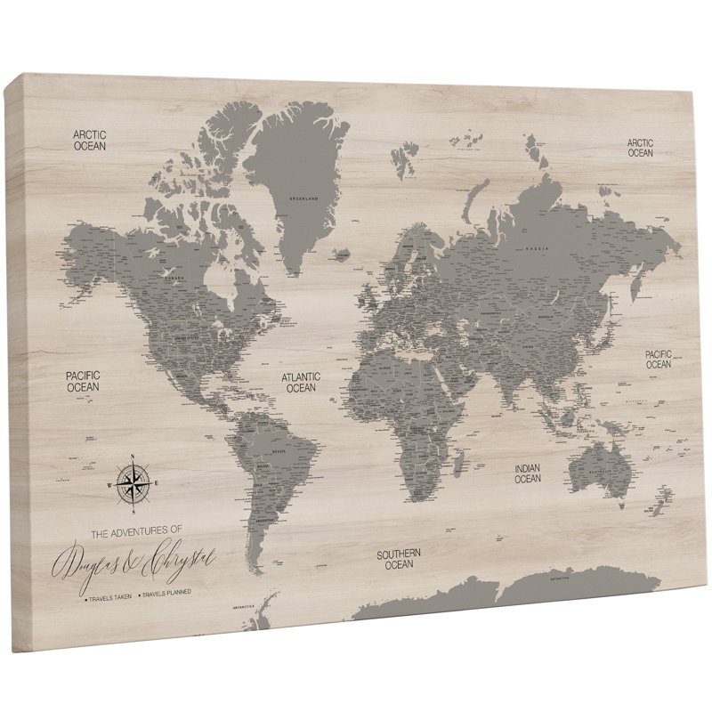 Carte du monde personnalisée avec punaise en bois moderne, H 24 po x l 40 po, Mastic, Oui
