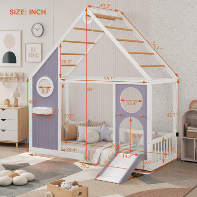 Lit maison avec glissade, bande lumineuse à billes, lit plateforme en bois avec façade