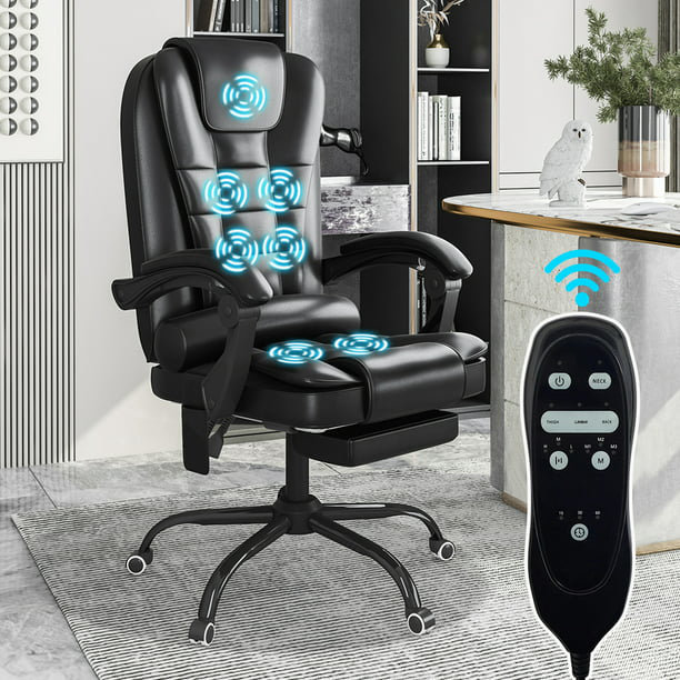 Richmond Soft Leather Massage Office Chair with Armrest Adjustable Ergonomic Desk Chair with Footrest Black The Twillery Co.