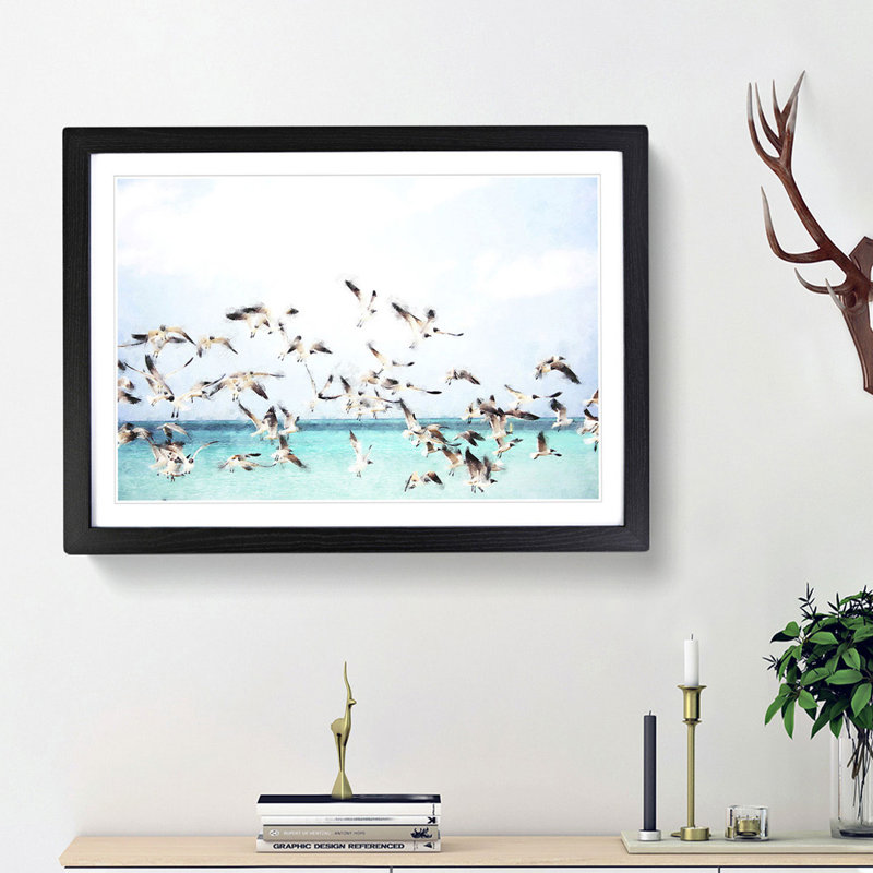 Flock Of Seagulls Over The Sea - Single Picture Frame Print on MDF, Black Framed, 24cm H x 33cm W x 2cm D