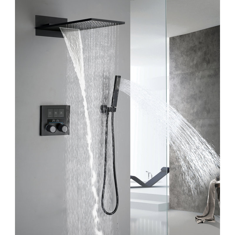 3-Function Digital Display Thermostatic Shower System With Waterfall & Rainfall Showerhead, Hand Shower