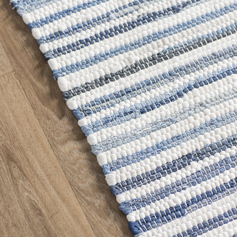 Handmade Braided Cotton Bright Blue/Navy Rug, Runner 3' x 12'