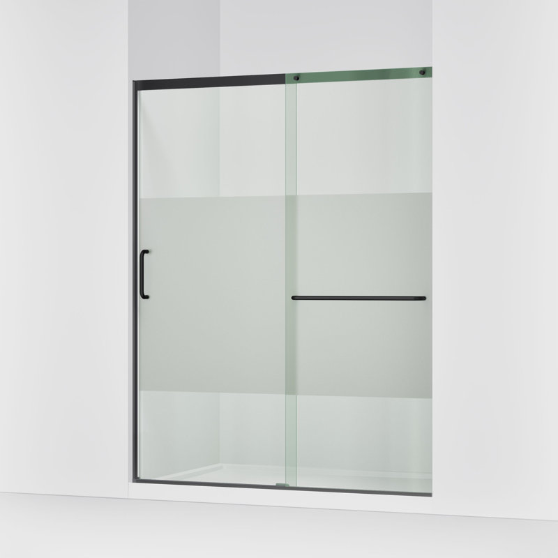 Elate Tall Sliding Shower Door, 75-1/2-In H X 56-1/4 - 59-5/8-In W, With Heavy 5/16-In Thick Crystal Clear Glass With Privacy Band