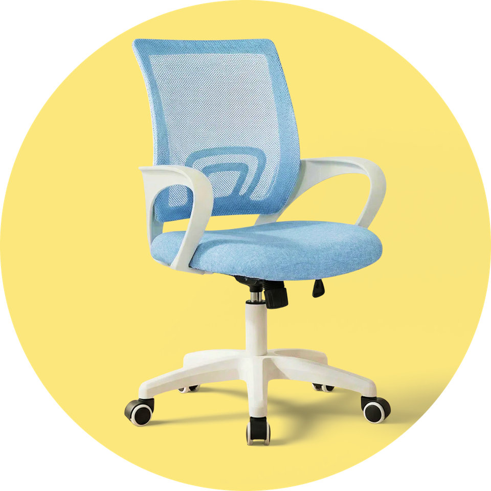 A light blue mesh ergonomic office chair with white arms and base against a yellow circular background.