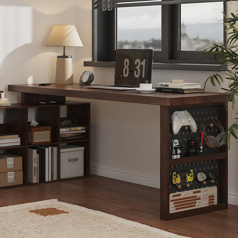 Noyer foncé + bureau en bois massif en forme de L noir + fer, H 29,53 po x l 86,61 po x P 35,43 po, Retour à gauche