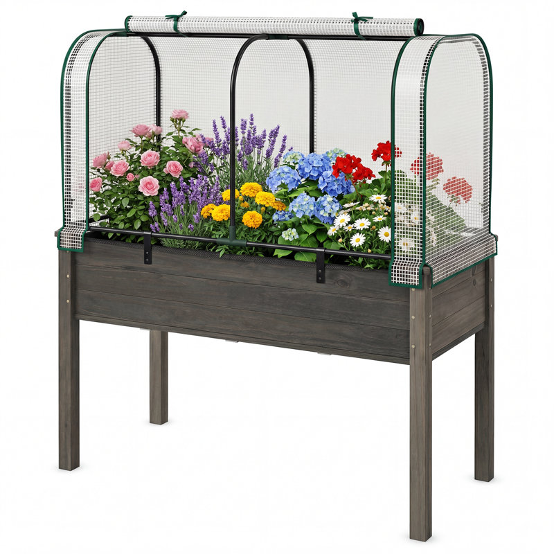Wood Raised Garden Bed With Greenhouse Cover Mini Portable Greenhouse Kit, White/Gray