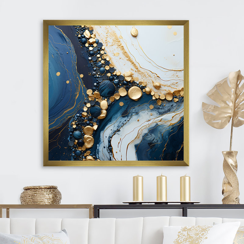 Géode dorée et bleue liquide Art II - encre liquide, art mural abstrait, Cadre doré simple, H 16 po x l 16 po x P 1 po