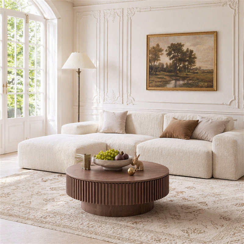 Table basse 39,37 po avec rangement moderne en bois massif et placage, Noyer