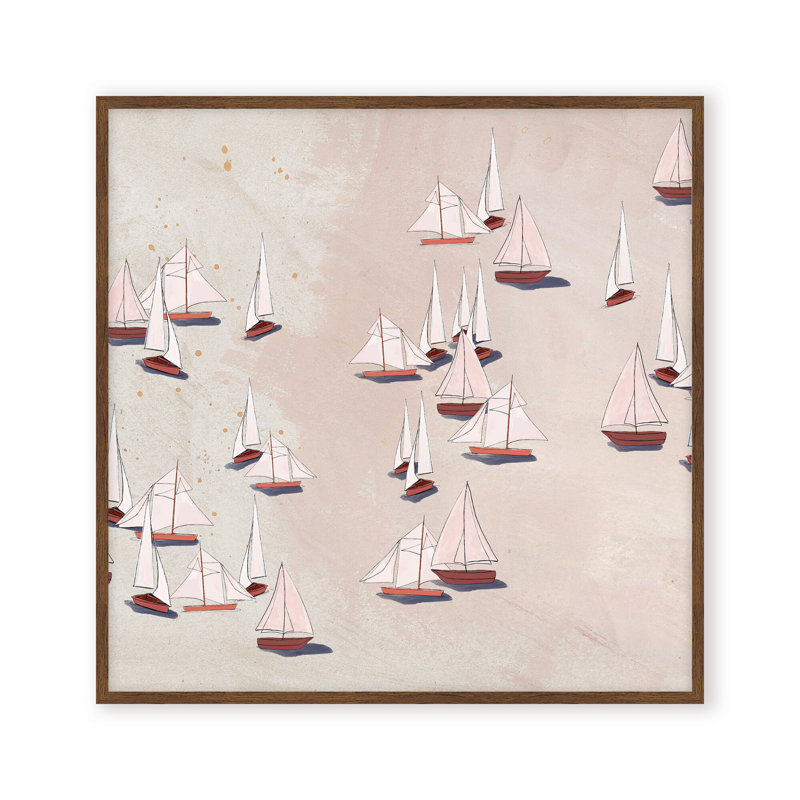 Coastal Retreat Modern Ensemble: Sailboat Odyssey, Beige, Framed Matted Print, 24" H x 24" W