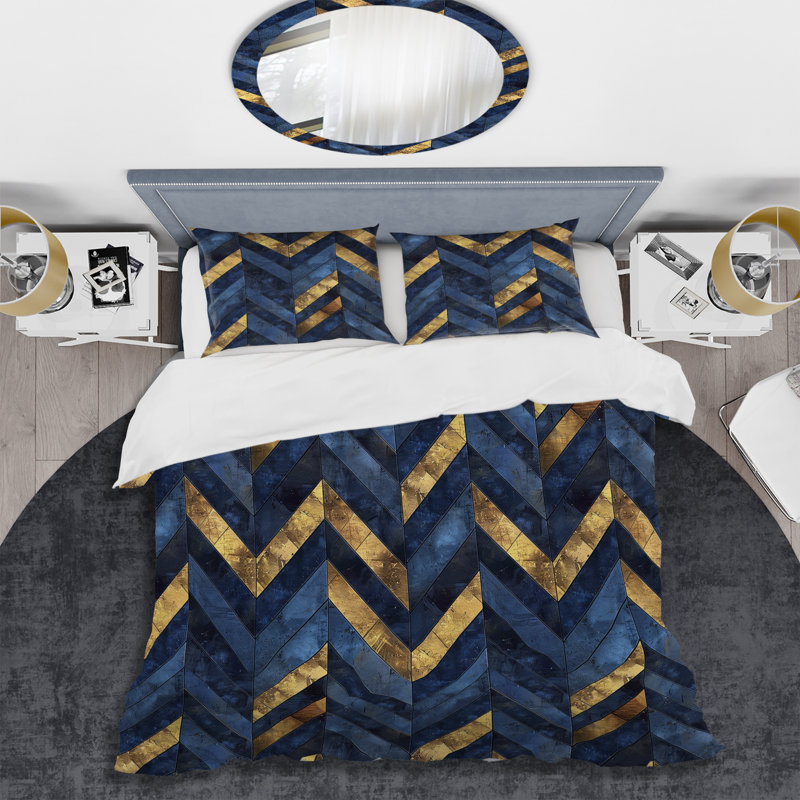 Ensemble de housse de couette moderne à motif de chevrons doré bleu Glam II, Housse de couette très grand et 2 très grandes t