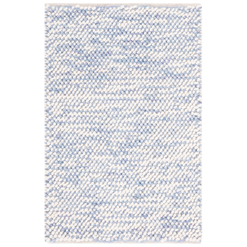 Tapis bleu / ivoire à motif géométrique fabriqué à la main Almus, Rectangulaire 3 pi x 5 pi