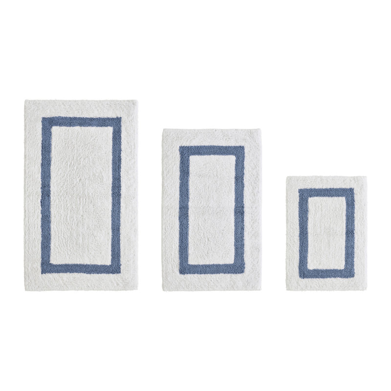Atle Reversible Cotton Tufted Bath Rug Set, 3PC (17" x 24" | 21" x 34" | 24" x 40"), White/Dark Blue