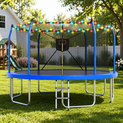 14FT Trampoline with Lights and Basketball Hoop, Safe and Durable Outdoor Fun for Kids and Adults