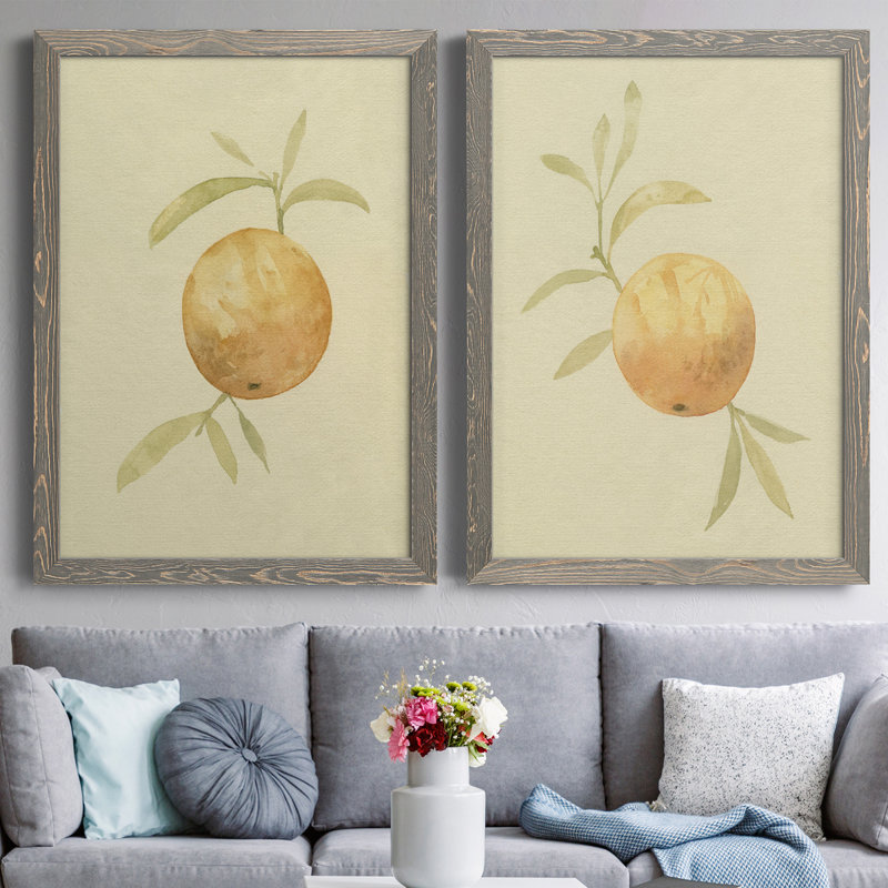 Toile encadrée de qualité supérieure «Dappled Oranges III» - prête à être accrochée, Toile avec cadre gris