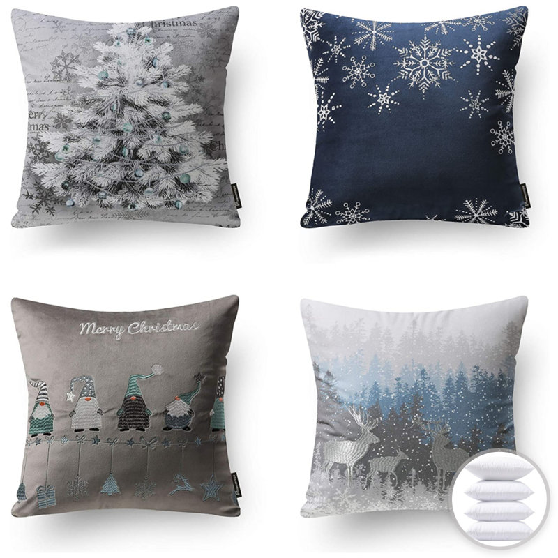 Phantoscope Merry Christmas Decorative Velvet Embroidery Throw Pillow Cover with Snowflake, Trees, Frosted Forest Xmas
