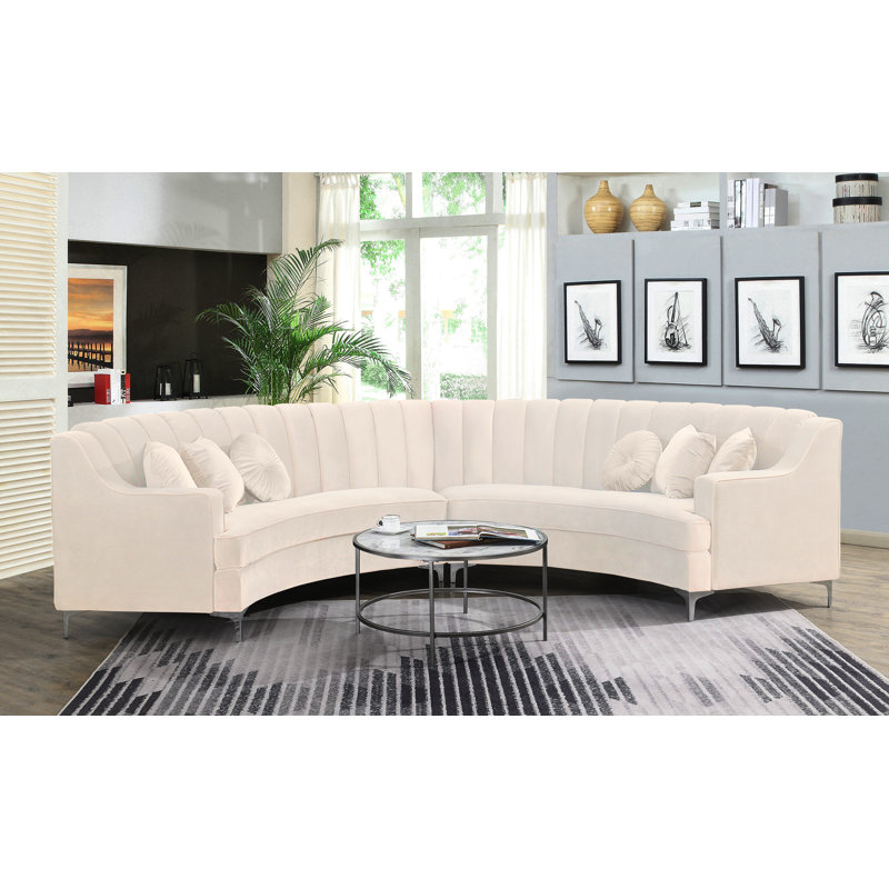 141" Velvet Upholstery Square Arm Oversized Curved Sofa, Cream Velvet