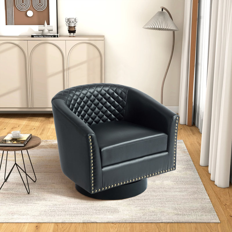 Upholstered Black Faux Leather Tufted Barrel Small Swivel Chair with Nailhead Trim, Black