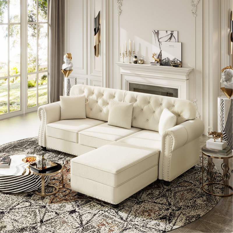 Canapé Chesterfield 82,6 po rembourré en velours avec garniture cloutée et accoudoirs roulés, canapé style Mid-Century moderne capitonné avec boutons, beige / blanc