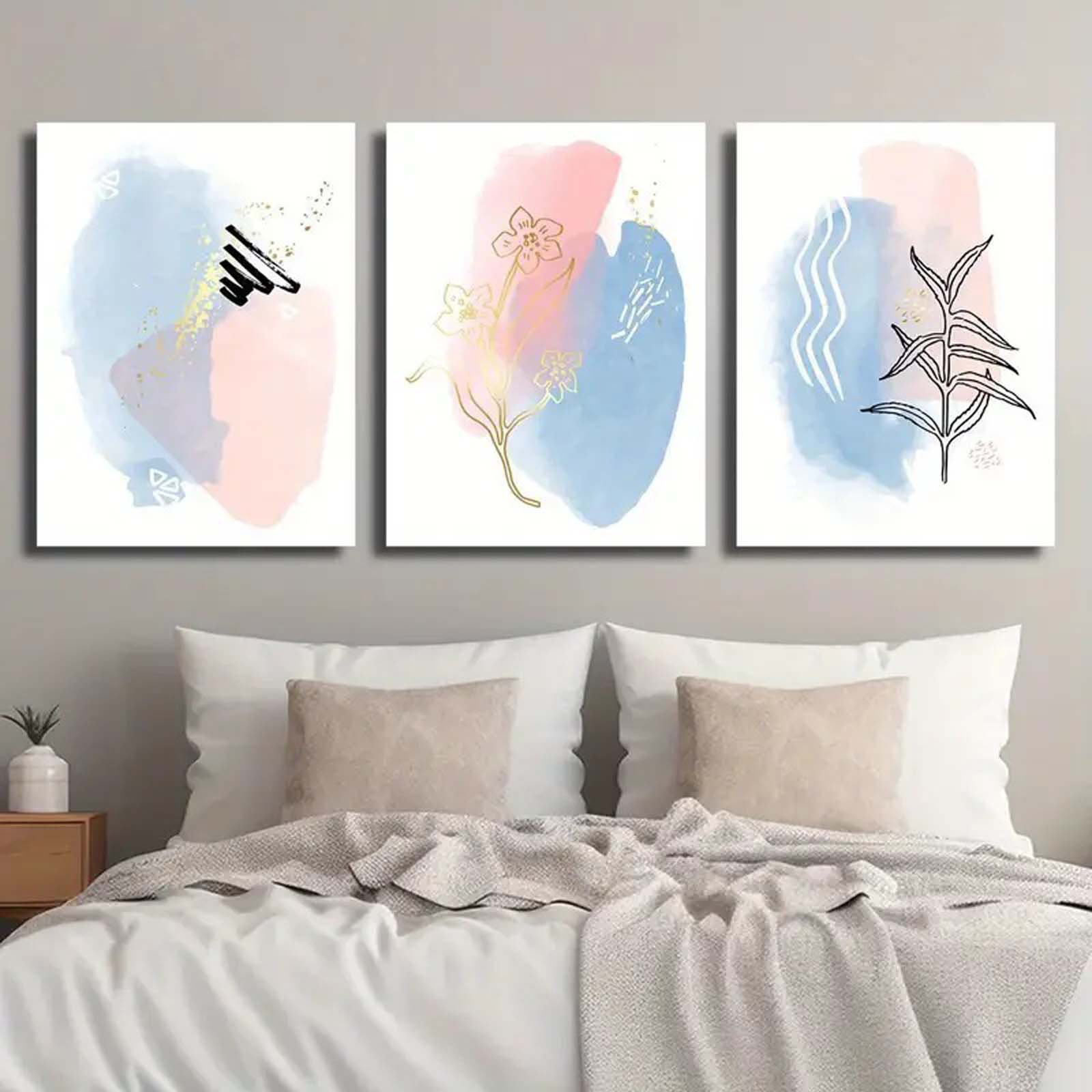 Fresh Look at Mercer41 3Pcs Abstract Blue Pink Botanical Floral Canvas Art With