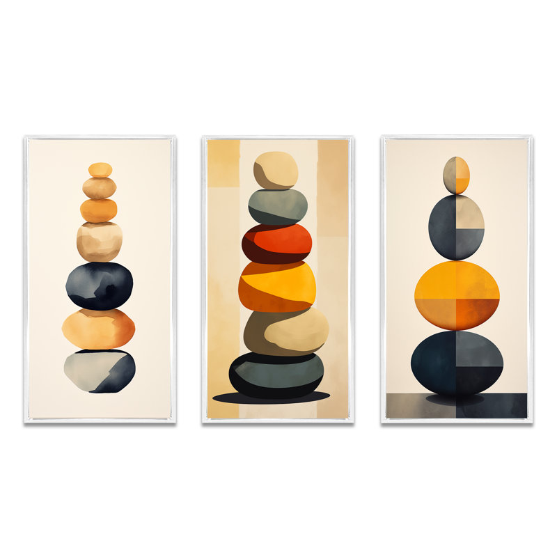 Ensemble de 3 pièces Spiritual Stone Art - équilibrage visuel des roches, Cadre flottant blanc, H 20 po x l 36 po