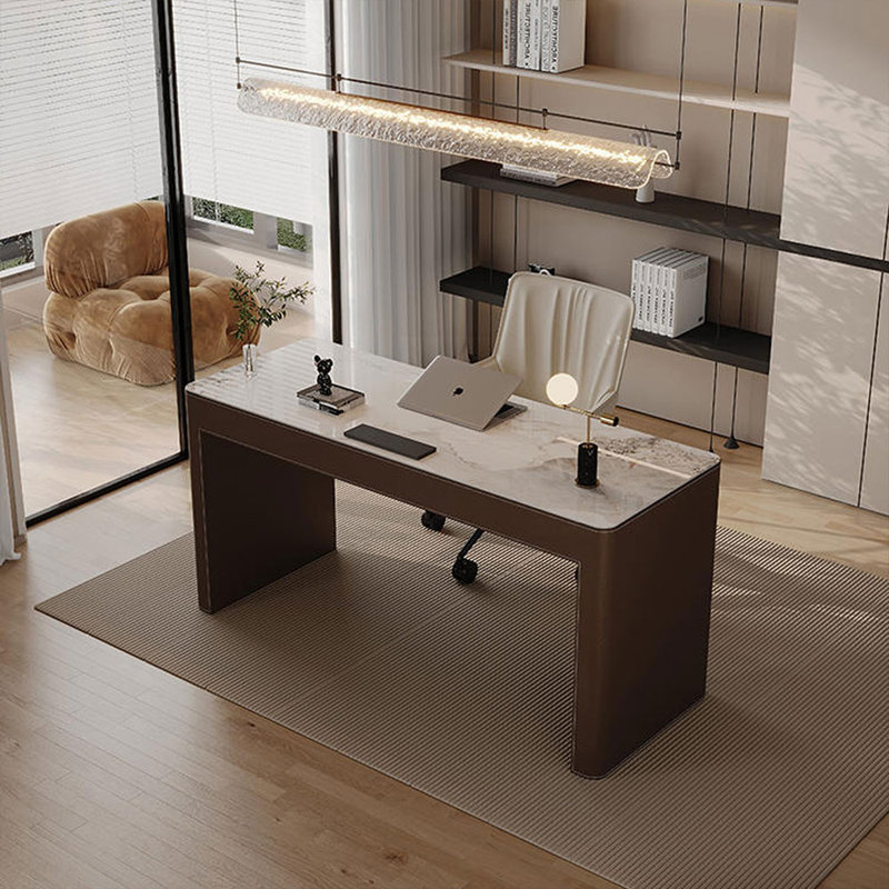 Bureau blanc / brun clair + bois massif + bois manufacturé + cuir avec bureau à 3 tiroirs