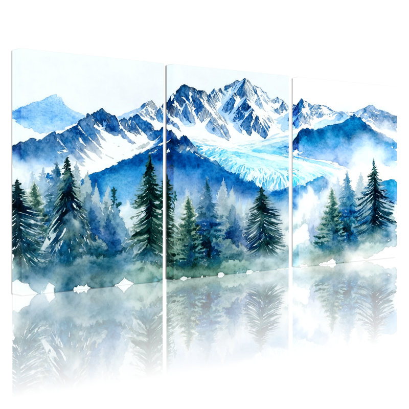 «Landscape & Nature Mountain Landscape with Trees and Lake Reflection», ensemble de 3 impressions d'art sur toile