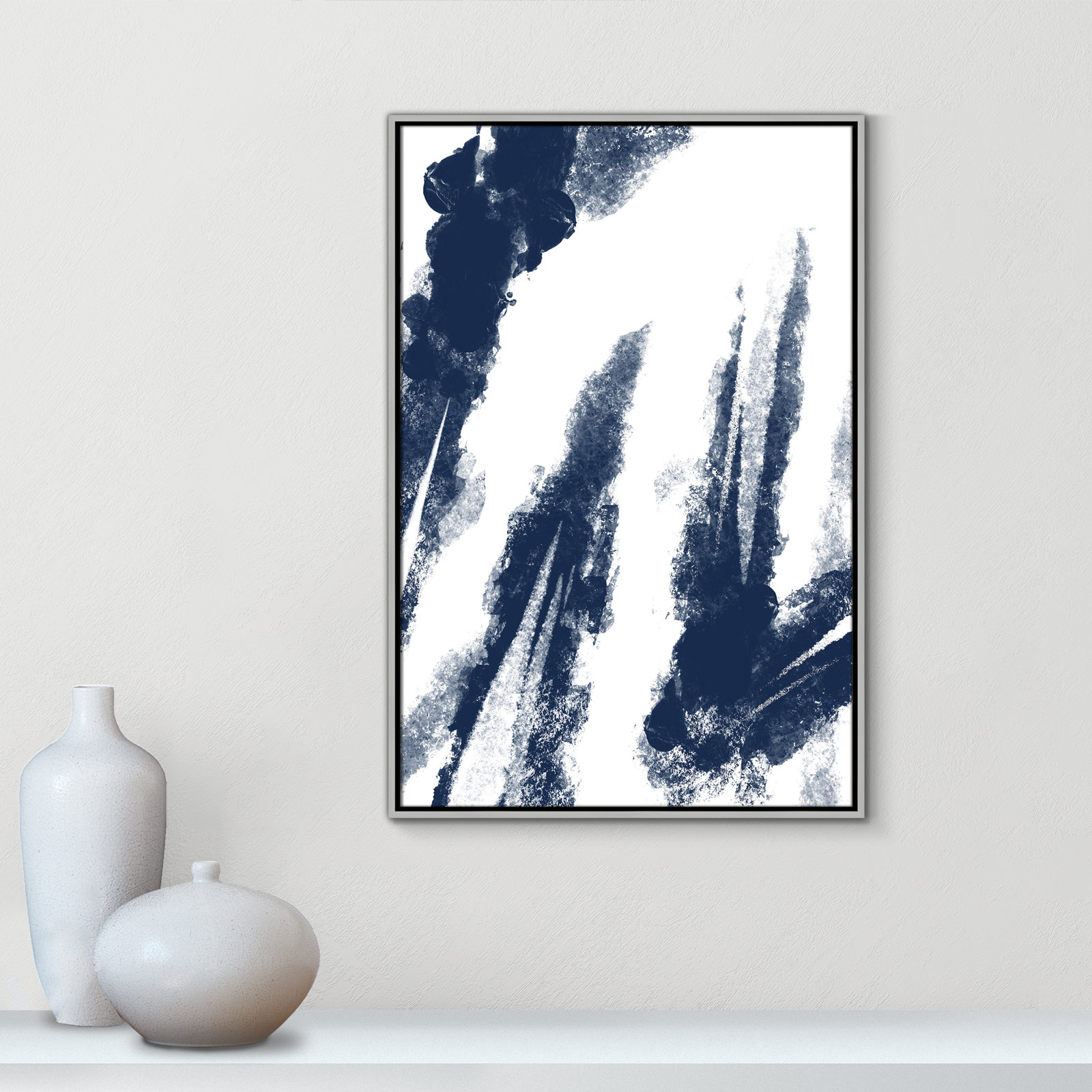 Navy Striking Seams 2 - Painting Print, Silver Framed Canvas, 37.5" H x 25.5" W x 2" D