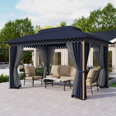 Auvent de jardin ondulé 10 X 13 avec structure en acier à grain de bois, tissu résistant aux intempéries et filet anti-moustique pour l'extérieur