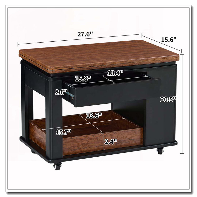 Table basse avec plateau pliable et roulettes, Noir