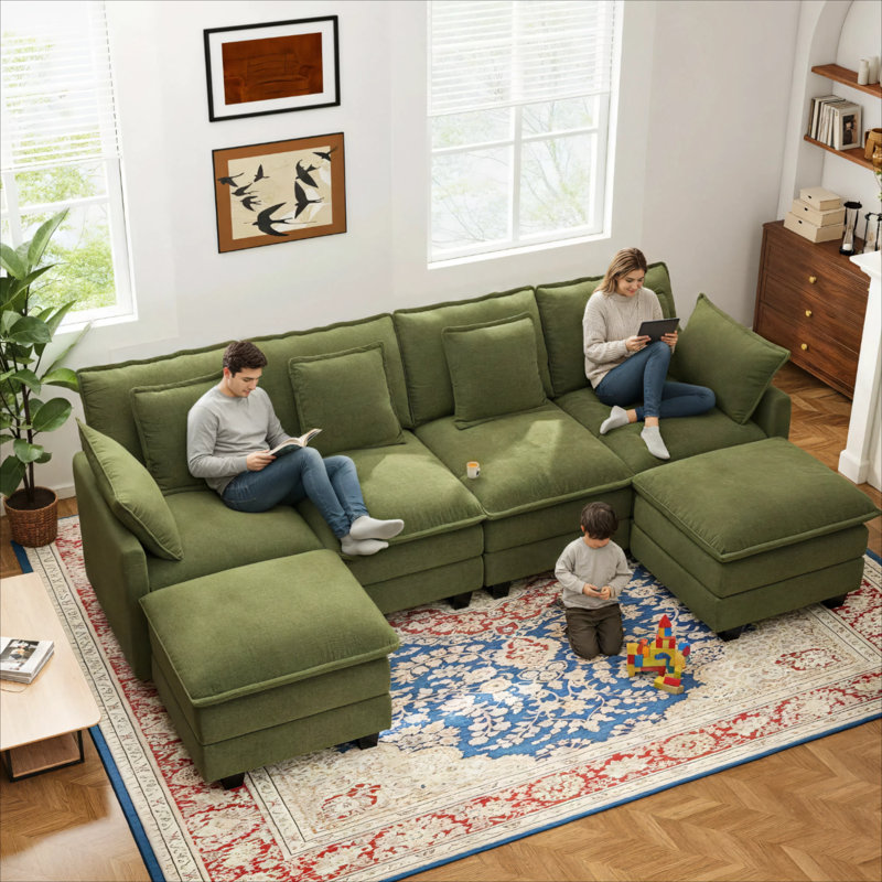 Canapé modulaire en U en chenille 6 pièces avec deux repose-pieds George, Vert