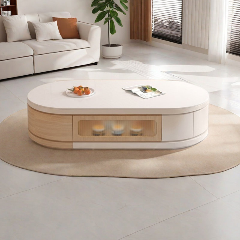 Cream Style Oval Extendable Coffee Table, Cream/Burlywood