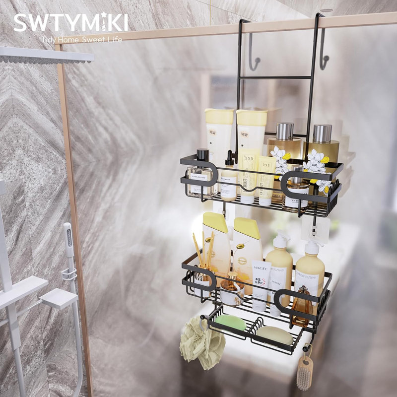 Serviteur de douche au-dessus de la porte SWTYMIKI, organisateur suspendu en acier inoxydable à 3 niveaux avec 16 crochets et porte-savon double, solution de rangement pour salle de bain sans perçage, noir