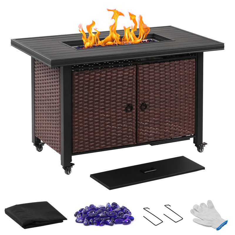 43" Aluminum Propane Gas Fire Pit Table, 60000 Btu Rattan Fire Pit With Lid, Waterproof Cover, Large Storage Space And Lockable Wheels without Windproof Glass