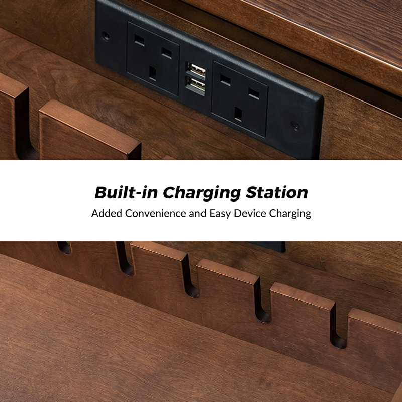 Florrie Mid-Century Modern 3 - Drawer Bedside Table with Charging Station, Walnut