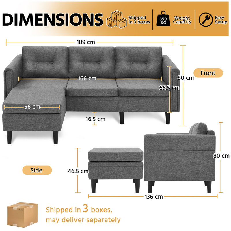 3-Seater Sofa Upholstered Corner Sofa with Ottoman for Living Room