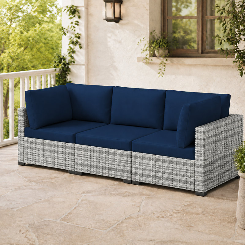 Ensemble de 3 coussins de patio en rotin avec coussins Outdloor, Gris/bleu marine, 3 pièces