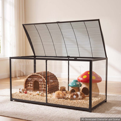Cage à hamster 47,2 po x 23,6 po x 25,4 po à 360 ° avec hamster en métal, cage transparente pour petits animaux avec accès par le haut et porte d'entrée, grande maison pour animaux portable cochon d'Inde, gerbille (7,7 pi², noir)