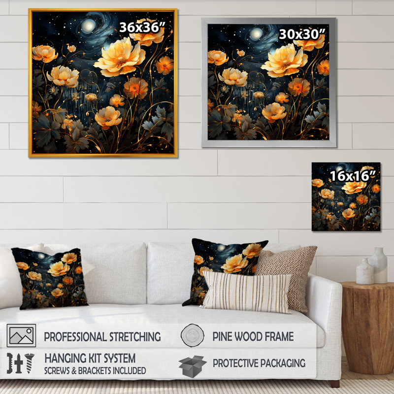 Nuit étoilée fleur de souci 1 - souci, art mural, Cadre flottant blanc, 30" H x 30" W