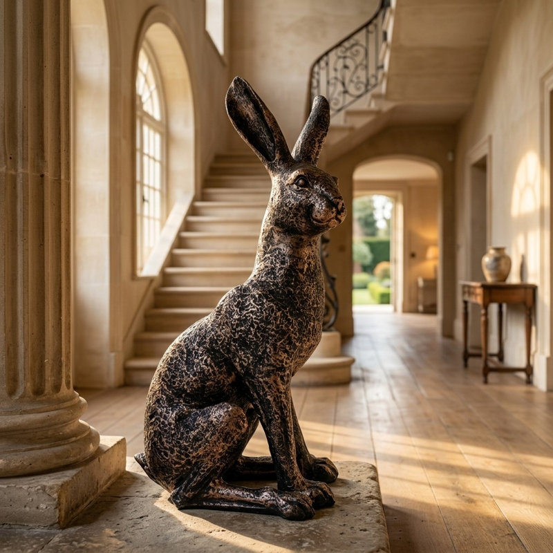 Large Bronze Hare Garden Sculpture - Weather-Resistant Outdoor Resin Statue