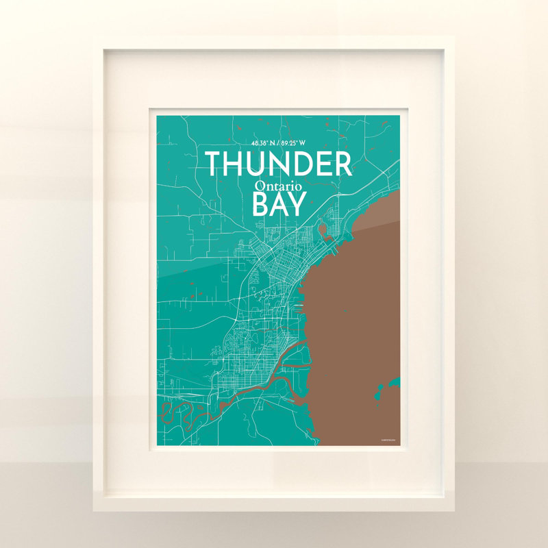 Thunder Bay City Map, impression, H 20 po x l 16 po, Vert / Brun