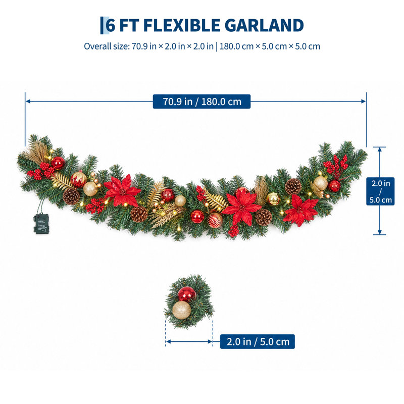 Guirlande lumineuse de Noël rouge et or de 1,80 m avec fleurs et boules