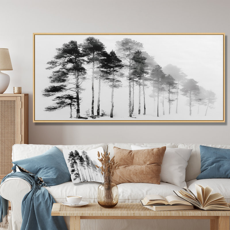 «Black and White Tall Pine Tree Forest», reproduction d'art sur toile, H 28 po x l 60 po, Cadre flottant, Noir